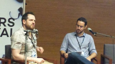 My discussion with Joe Abercrombie. He's clearly pondering the great mysteries of life in this photo. I'm just looking at my notes.