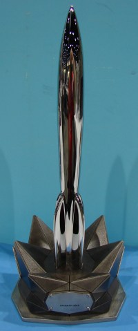 The 2015 Hugo Award trophy, designed by Matthew Dockrey