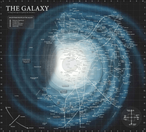 A map of the Star Wars galaxy, populated mainly with locations from the (now-defunct) EU.